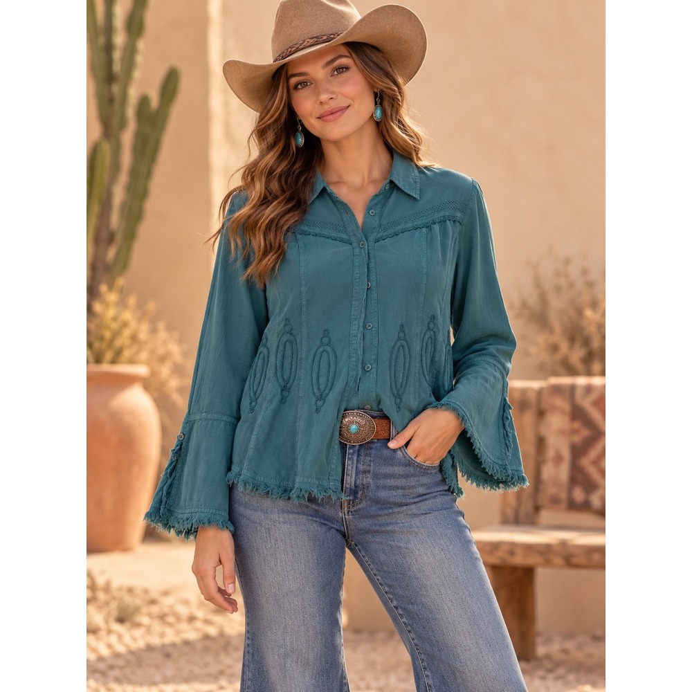 G. Designs Natural Fashions Teal Cotton Embroidered Fringe Western Top XL d5